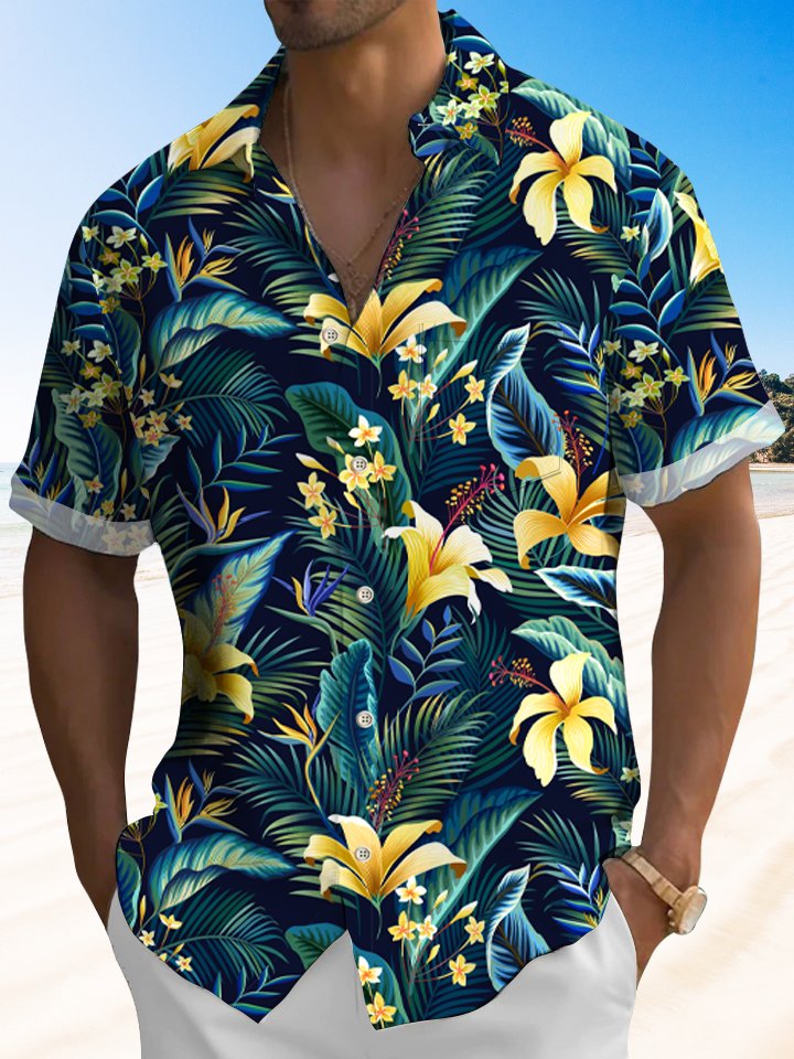Floral Tropical Beach Vacation Hawaii Lily Leaf Hawaiian Shirt For Summer Vacation, Beach Travel, And Casual Wear