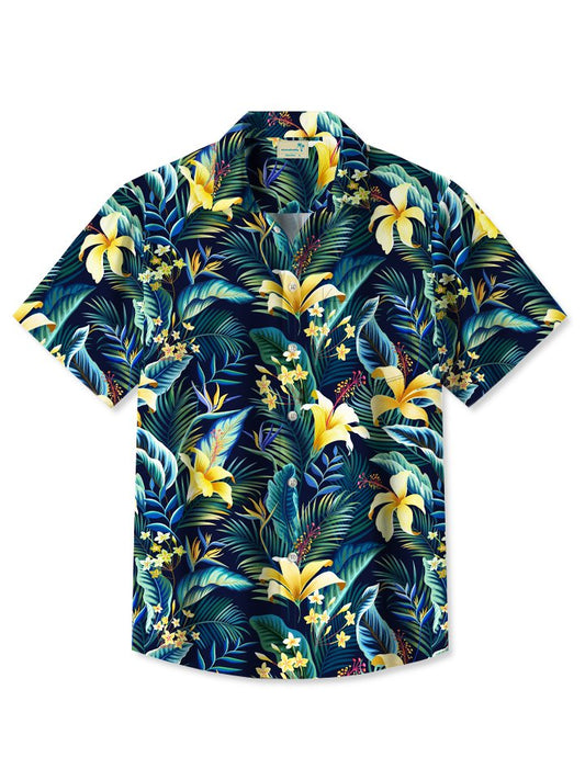Floral Tropical Beach Vacation Hawaii Lily Leaf Hawaiian Shirt For Summer Vacation, Beach Travel, And Casual Wear