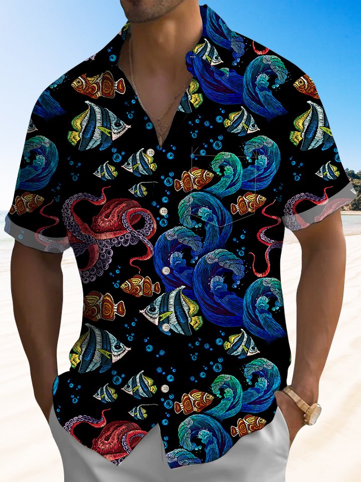 Tropical Island Beach Vacation Sea Octopus Fish Aloha Hawaiian Shirt For Summer Vacation, Beach Travel, And Casual Wear