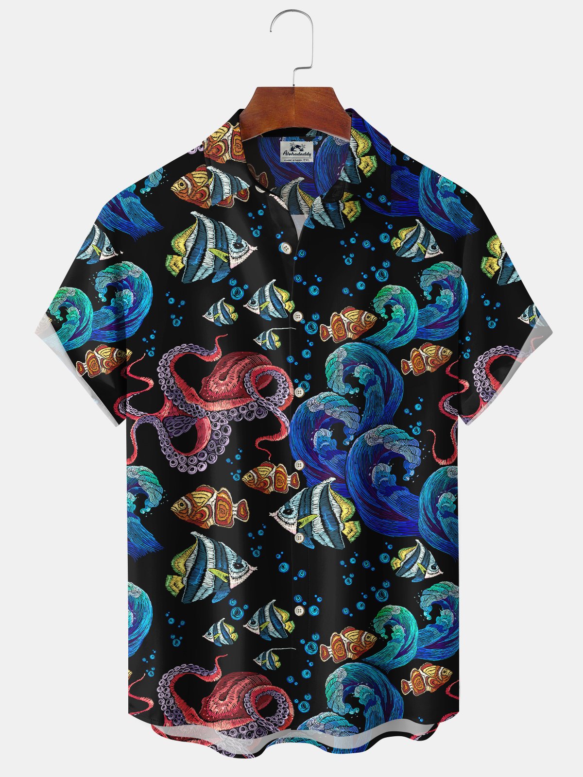 Tropical Island Beach Vacation Sea Octopus Fish Aloha Hawaiian Shirt For Summer Vacation, Beach Travel, And Casual Wear