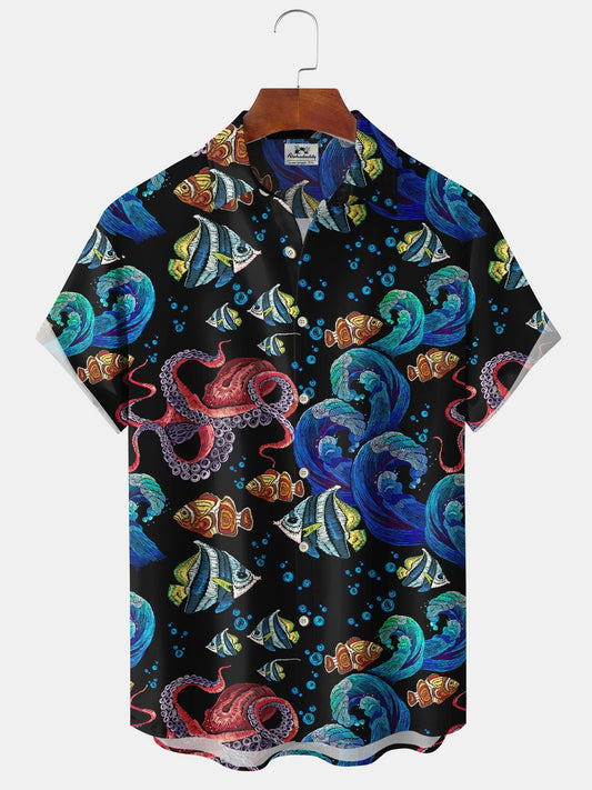 Tropical Island Beach Vacation Sea Octopus Fish Aloha Hawaiian Shirt For Summer Vacation, Beach Travel, And Casual Wear