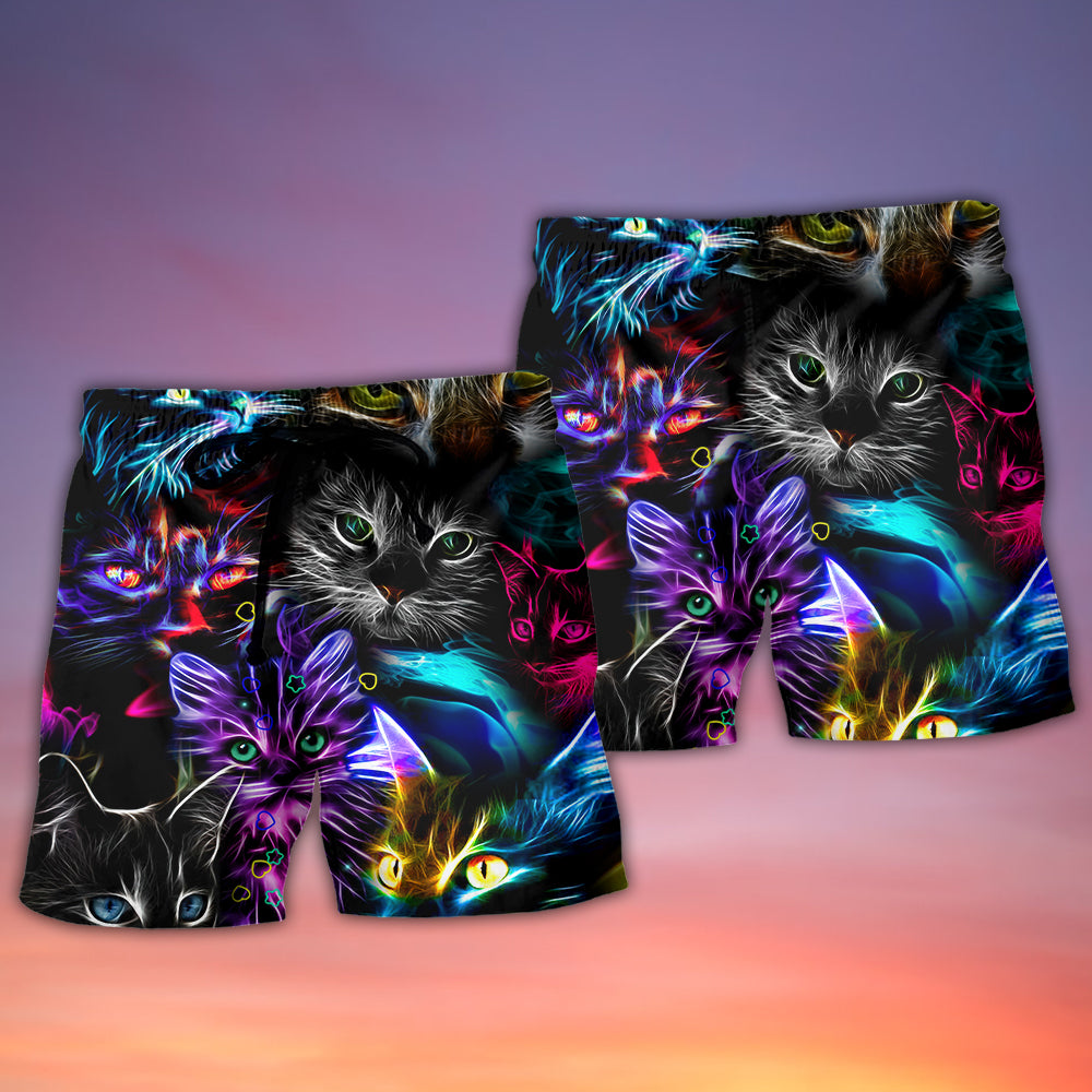 Funny Cat Neon Light Colorful Beach Shorts For Resort Travel And Thoughtful Summer Gifting