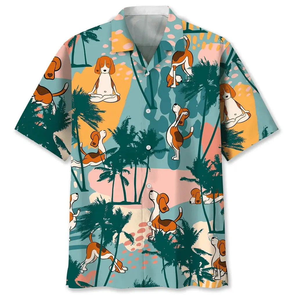 Colorful Beagle Palm Tree Hawaiian Shirt For Tropical Holidays, Resort Trips, And Relaxed Coastal Style