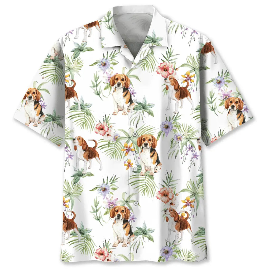 Floral Tropical Beagle Hawaiian Shirt For Resort Trips, Coastal Parties, And Warm Weather Style