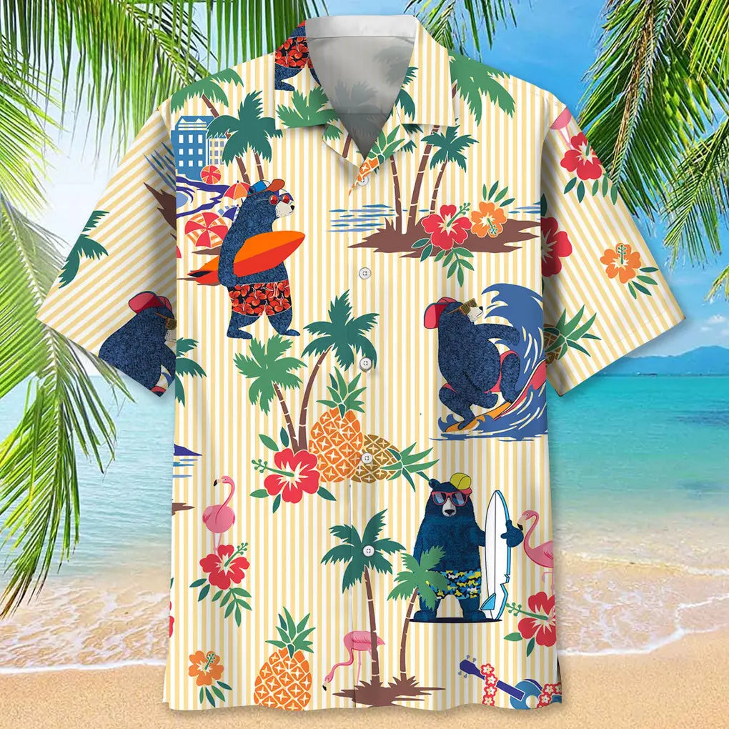 Tropical Bear Surfing Hawaiian Shirt For Active Holidays, Resort Trips, And Warm Weather Gatherings