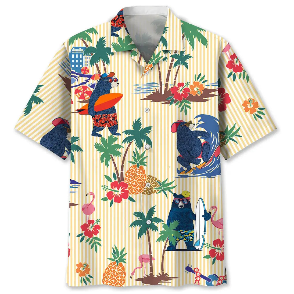 Tropical Bear Surfing Hawaiian Shirt For Active Holidays, Resort Trips, And Warm Weather Gatherings