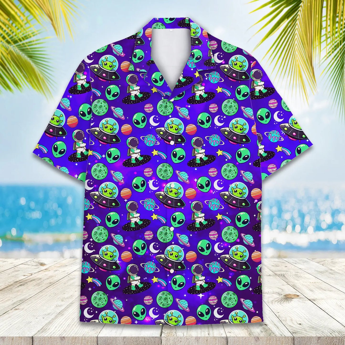 Galaxy Island Alien Aloha Hawaiian Shirt For Coastal Travel, Casual Events, And Comfortable Summer Wear
