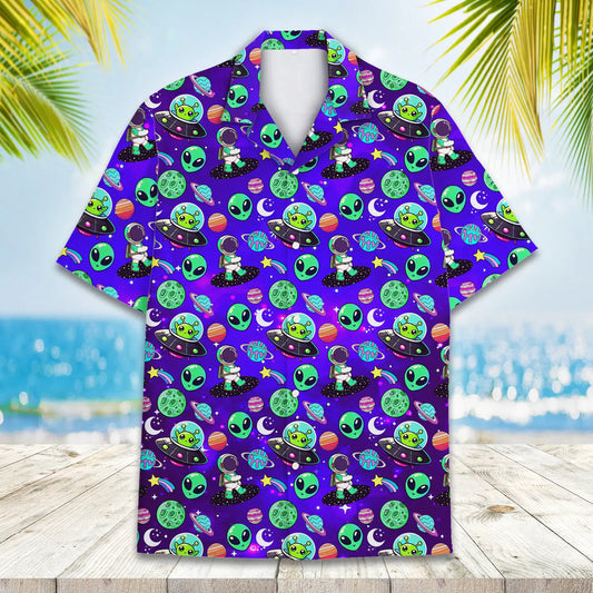 Galaxy Island Alien Aloha Hawaiian Shirt For Coastal Travel, Casual Events, And Comfortable Summer Wear
