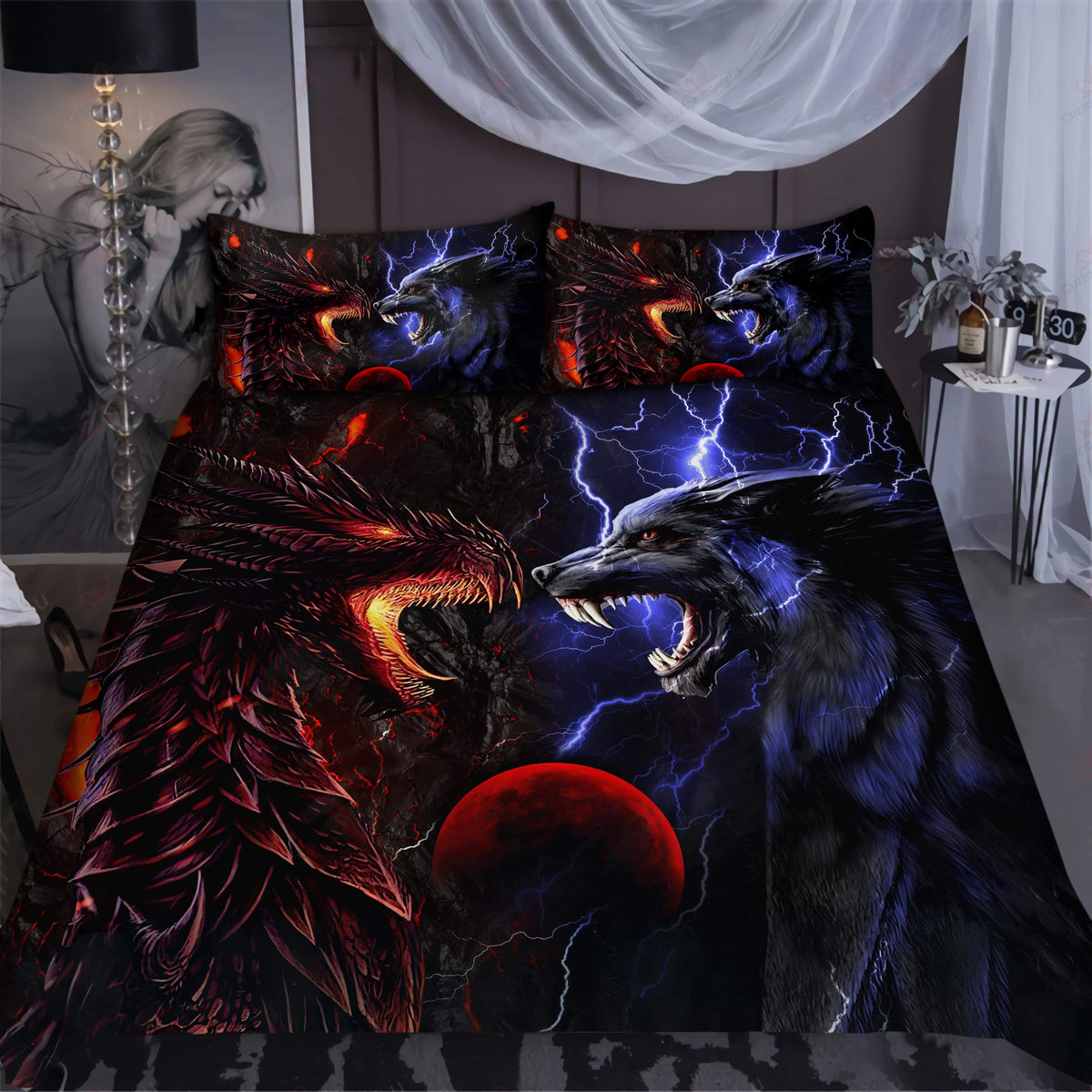 Red And Blue Dragon And Wolf Fantasy Bedding Cover For Fantasy Bedroom Decor