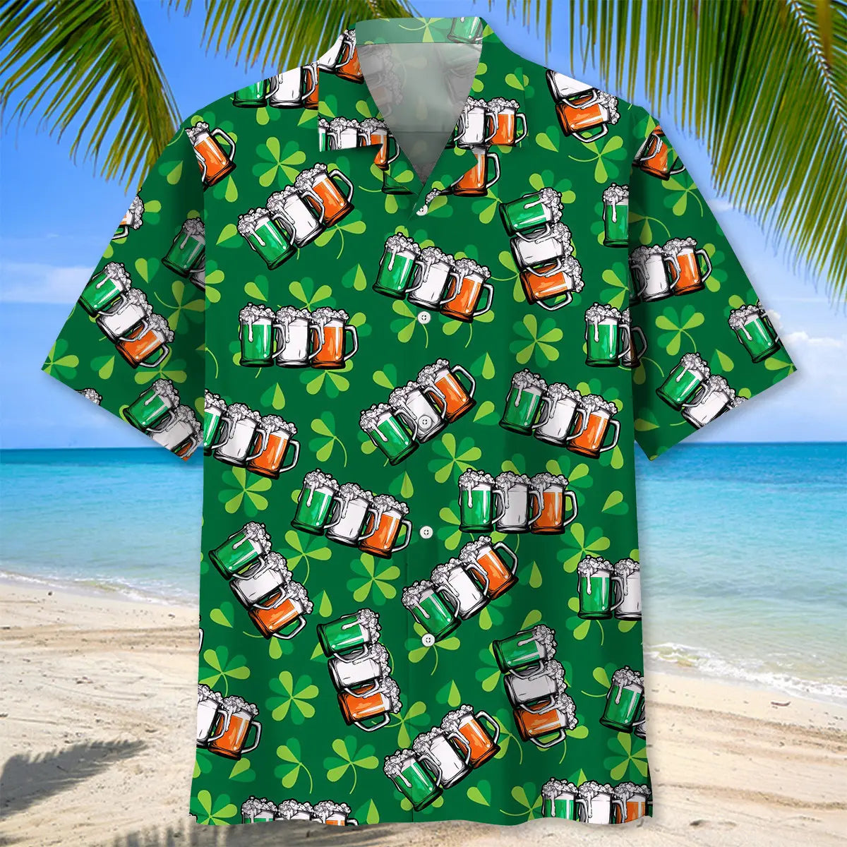 Beer Shamrock Irish Saint Patrick's Day Hawaiian Shirt For Holiday Parties, Tropical Vacations, And Festive Gift Giving