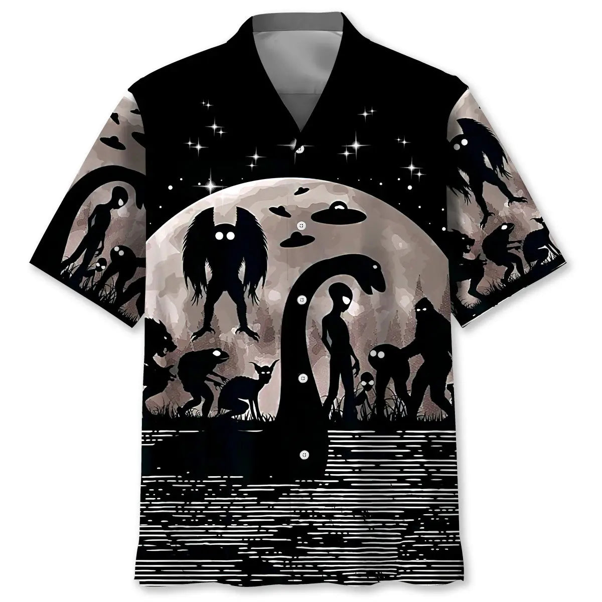 Bigfoot Alien Nessie Night Hawaiian Shirt For Casual Weekend, Seasonal Celebration, And Summer Party Style