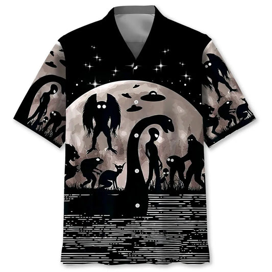 Bigfoot Alien Nessie Night Hawaiian Shirt For Casual Weekend, Seasonal Celebration, And Summer Party Style