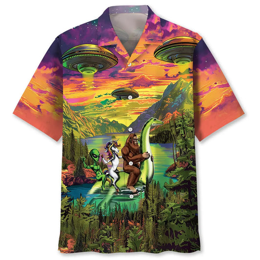 Bigfoot Alien Riding Nessie Hawaiian Shirt For Tropical Holiday And Resort Wear