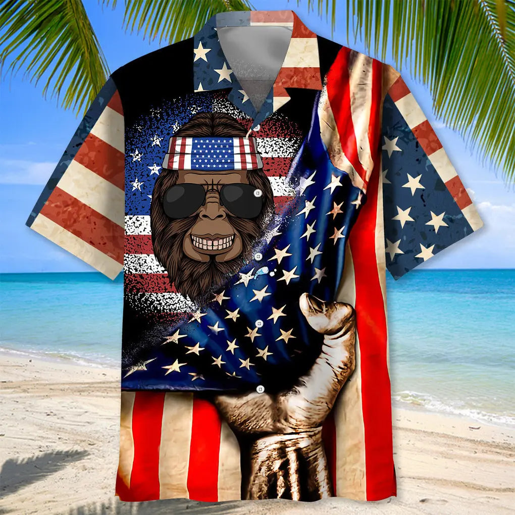 American Bigfoot Flag Hawaiian Shirt For Coastal Travel, Casual Events, And Comfortable Summer Wear