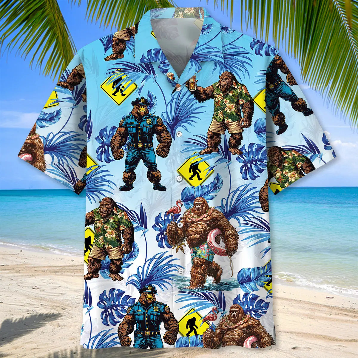 Bigfoot Crossing Hawaiian Shirt For Summer Vacation, Beach Travel, And Casual Wear