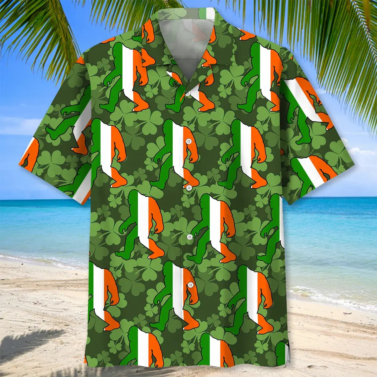 Bigfoot Green Irish Saint Patrick's Day Hawaiian Shirt For Winter Celebrations, Beach Travel, And Relaxed Holiday Wear