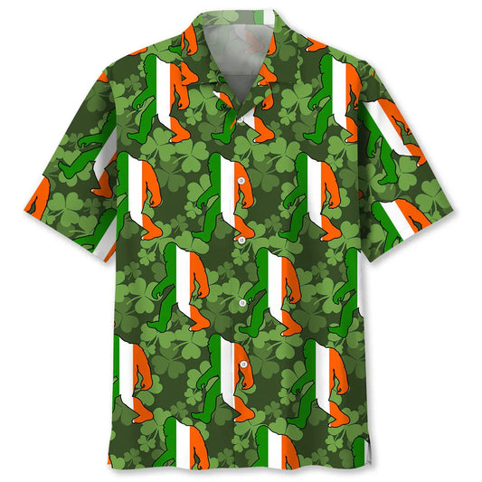 Bigfoot Green Irish Saint Patrick's Day Hawaiian Shirt For Winter Celebrations, Beach Travel, And Relaxed Holiday Wear