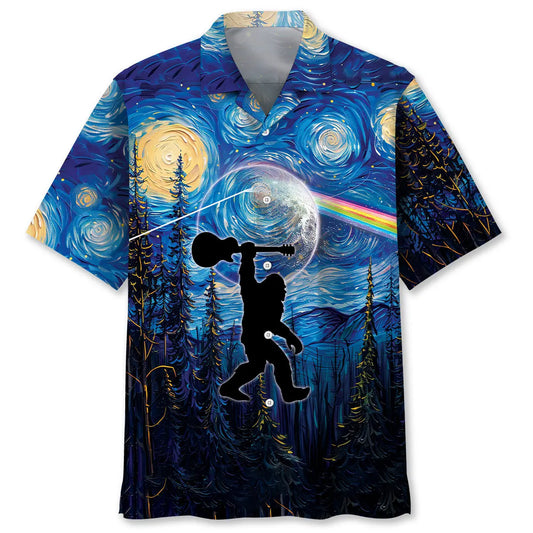 Bigfoot Guitar Starry Sky Hawaiian Shirt For Coastal Travel, Casual Events, And Comfortable Summer Wear