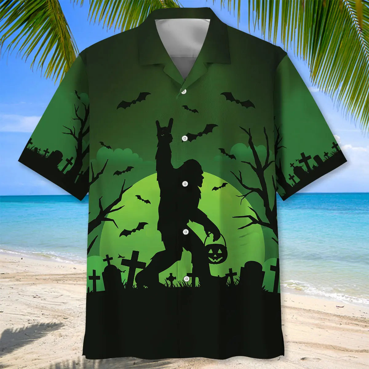 Halloween Bigfoot Green Hawaiian Shirt For Resort Trips, Coastal Parties, And Warm Weather Style