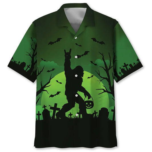 Halloween Bigfoot Green Hawaiian Shirt For Resort Trips, Coastal Parties, And Warm Weather Style