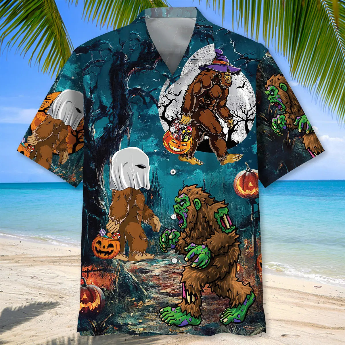 Halloween Bigfoot Hawaiian Shirt For Costume Parties, Summer Travel, And Distinctive Casual Wear