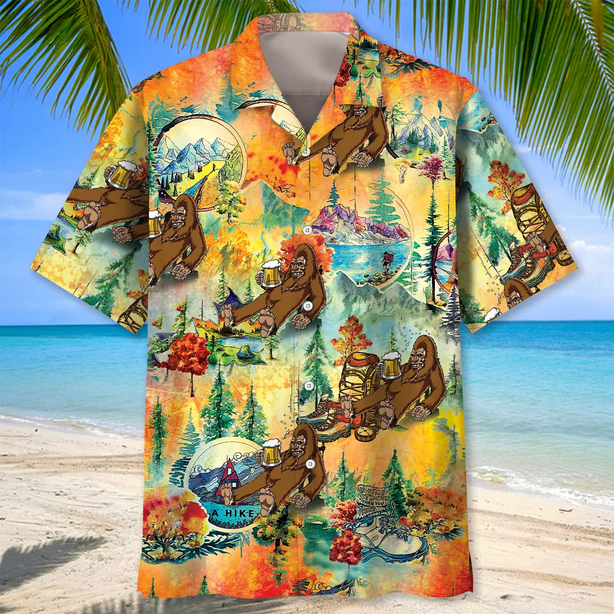 Bigfoot Hiking Funny Hawaiian Shirt For Beachside Event, Resort Holiday, And Weekend Wear