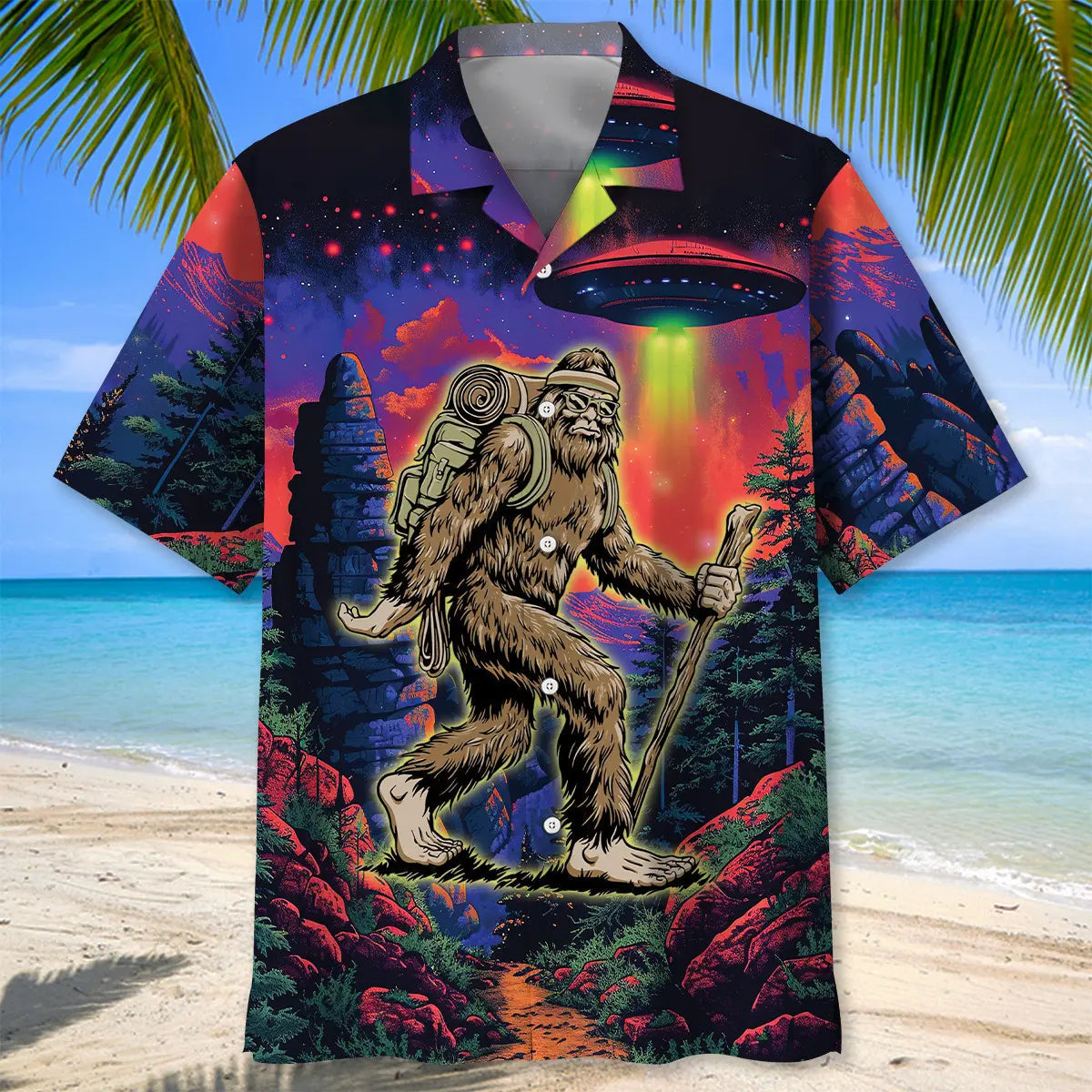 Bigfoot Hiking Night Hawaiian Shirt For Coastal Festival And Seasonal Wardrobe