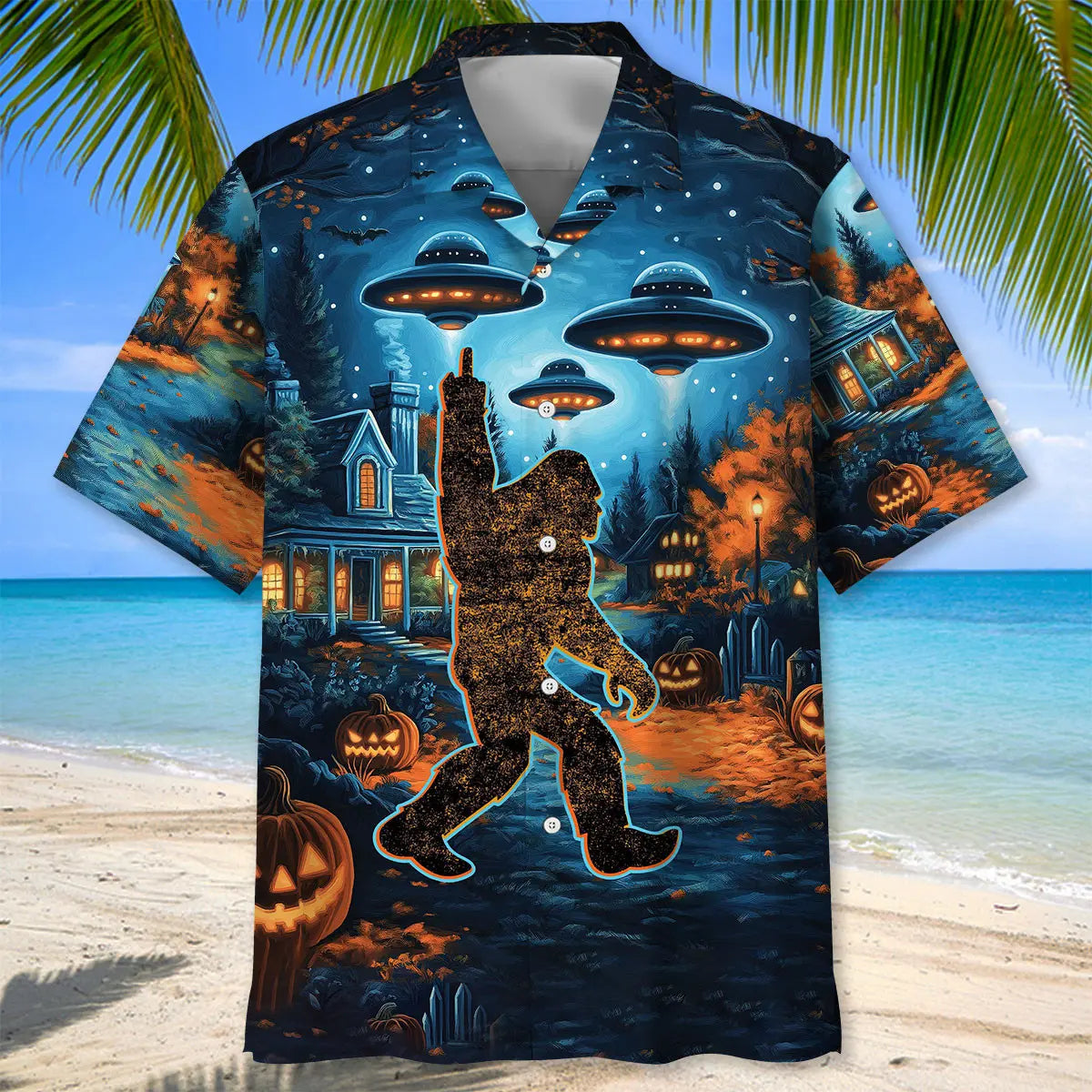 Spooky Bigfoot Hawaiian Shirt For Summer Vacation, Beach Travel, And Casual Wear