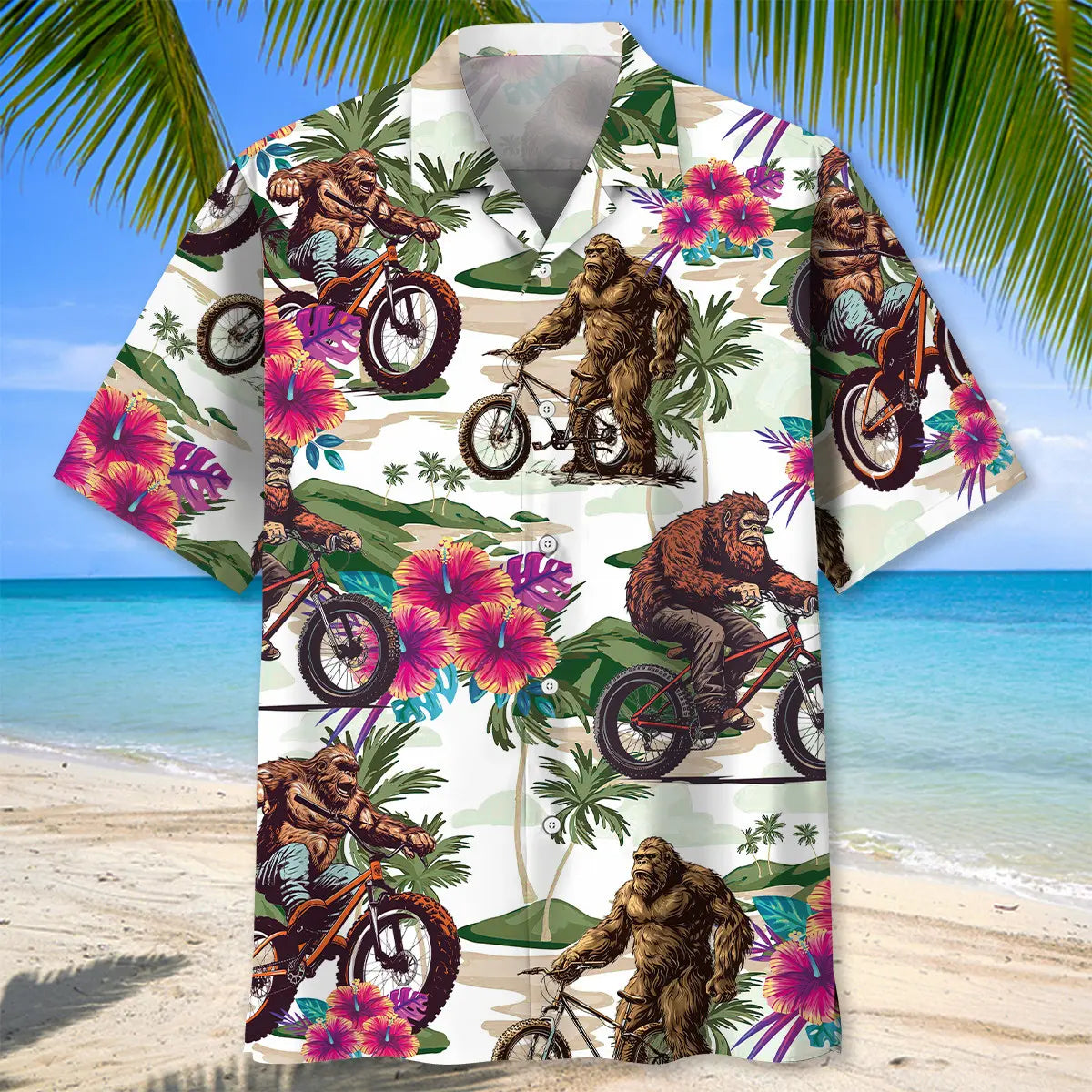 Bigfoot Mountain Bike Summer Hawaiian Shirt For Vacation Cruise, Resort Escape, And Seasonal Wardrobe