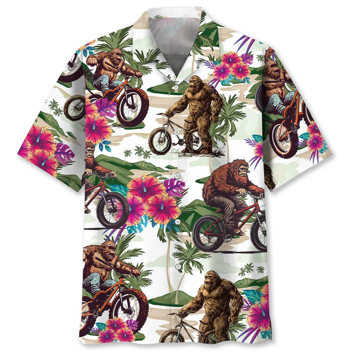 Bigfoot Mountain Bike Summer Hawaiian Shirt For Tropical Retreat, Island Adventure, And Warm Weather Fashion