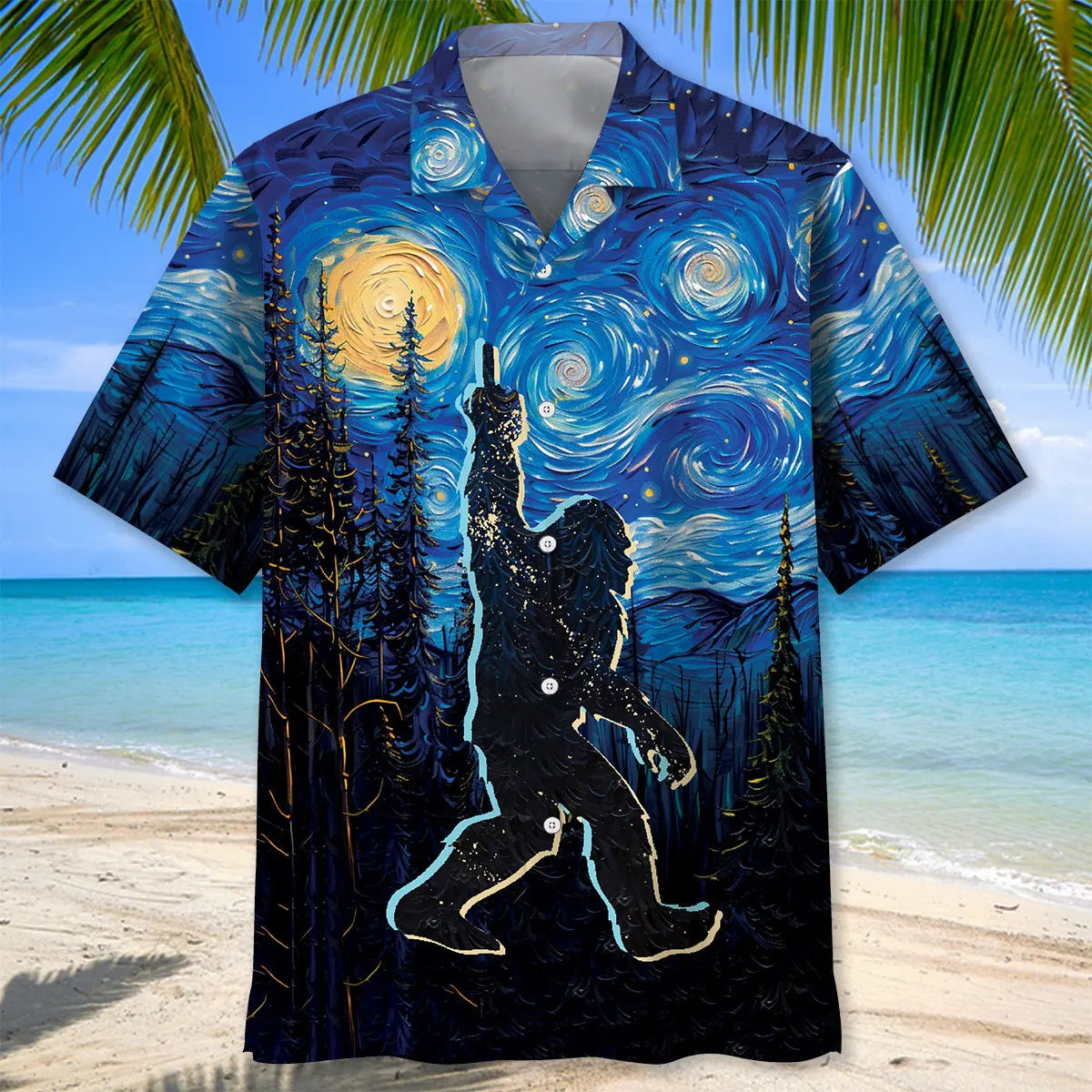 Bigfoot Mystery Starry Night Hawaiian Shirt For Cruise Journey And Seasonal Wardrobe