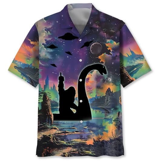 Bigfoot Nessie Night Hawaiian Shirt For Tropical Holiday, Beach Travel, And Relaxed Resort Style