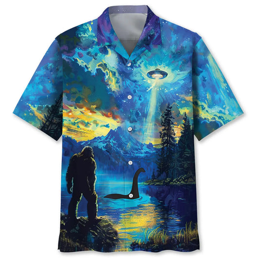 Bigfoot Lake Monster UFO Hawaiian Shirt For Resort Trips, Coastal Parties, And Warm Weather Style