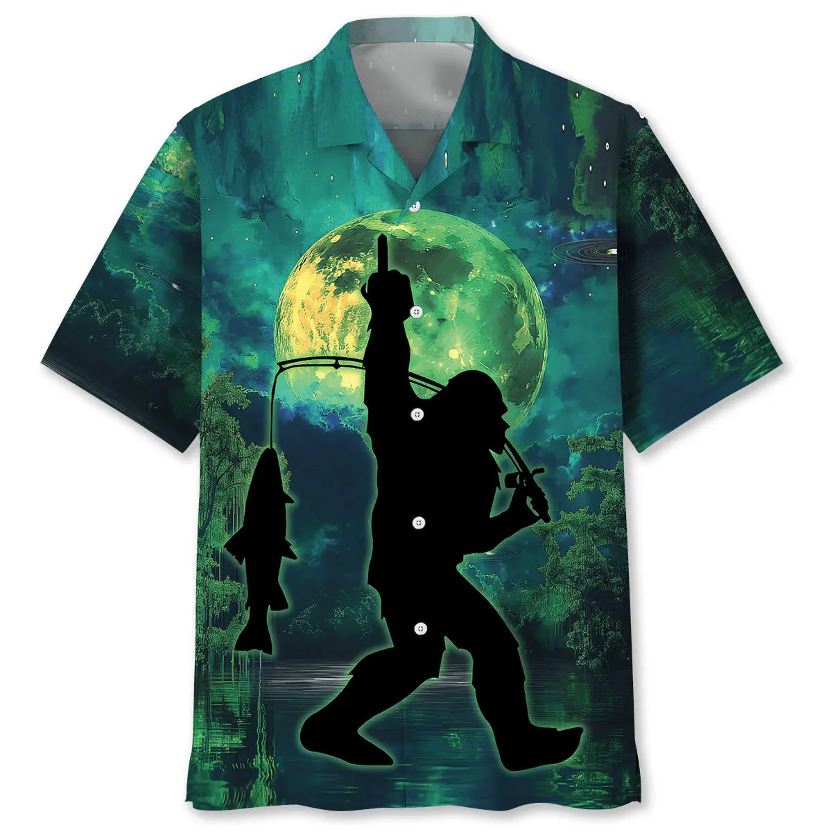Bigfoot Night Fishing Hawaiian Shirt For Outdoor Event, Beach Travel, And Thoughtful Gifting