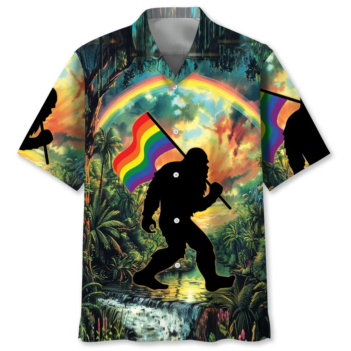 Bigfoot Pride Flag Hawaiian Shirt For Island Adventure, Weekend Escape, And Seasonal Wardrobe