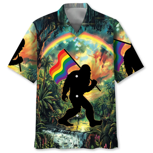 Bigfoot Pride Flag Hawaiian Shirt For Island Adventure, Weekend Escape, And Seasonal Wardrobe