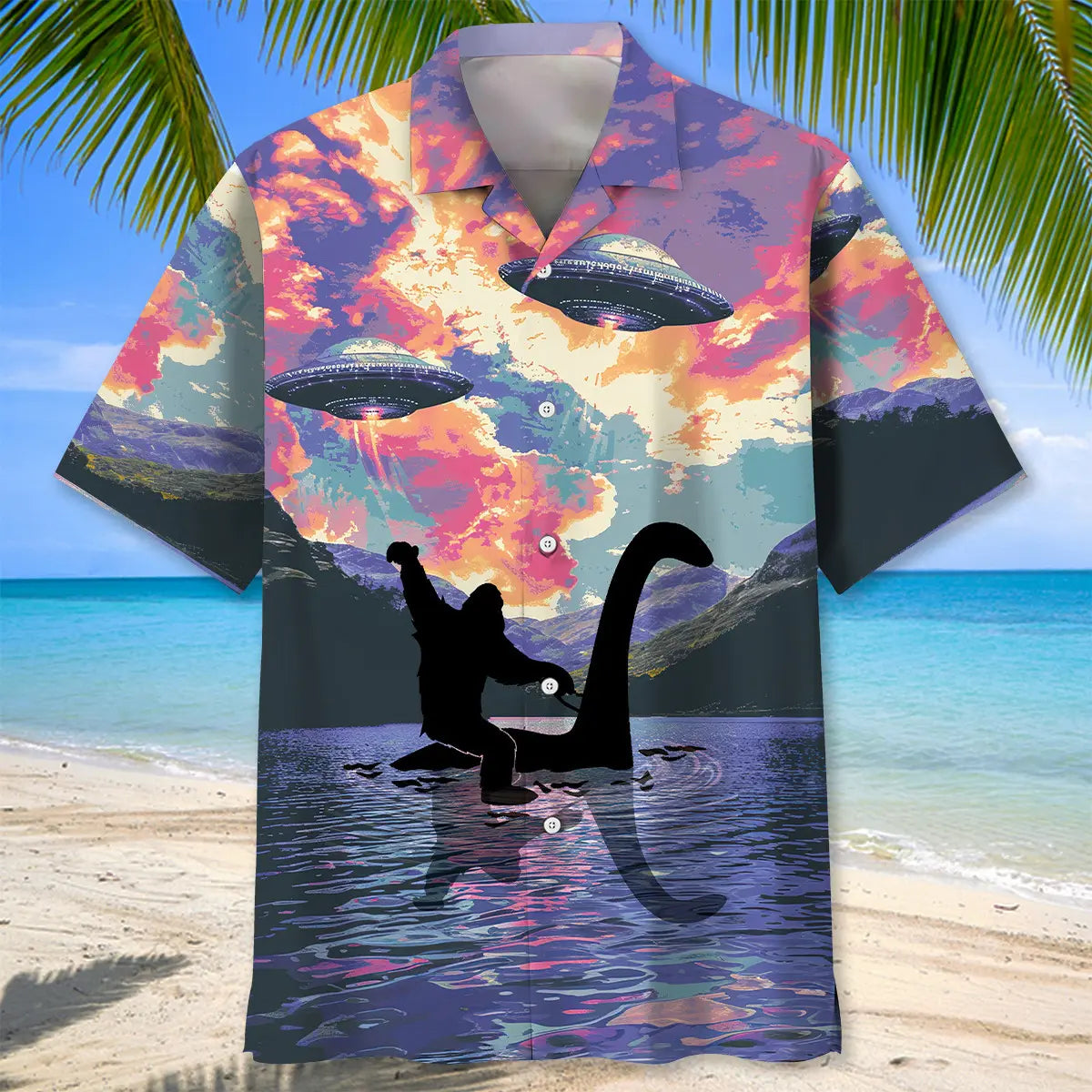 Bigfoot Riding Nessie Loch Ness Monster Hawaiian Shirt For Resort Holiday And Casual Wear