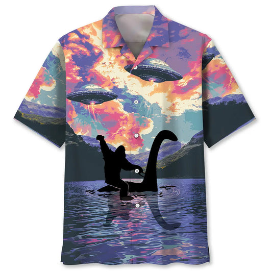 Bigfoot Riding Nessie Loch Ness Monster Hawaiian Shirt For Vacation Cruise, Summer Gathering, And Memorable Gifting