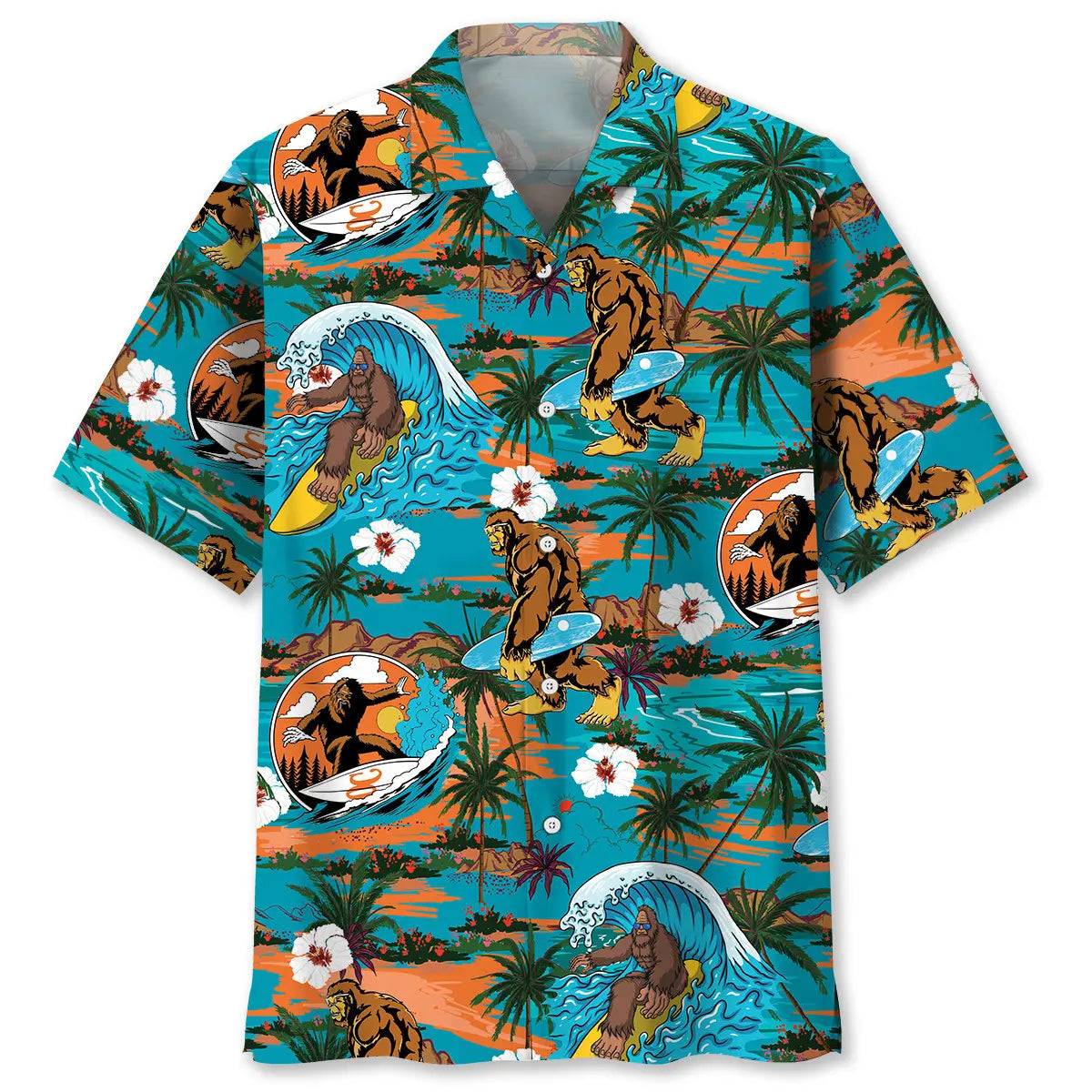 Bigfoot Surfing Hawaiian Shirt For Coastal Travel, Casual Events, And Comfortable Summer Wear