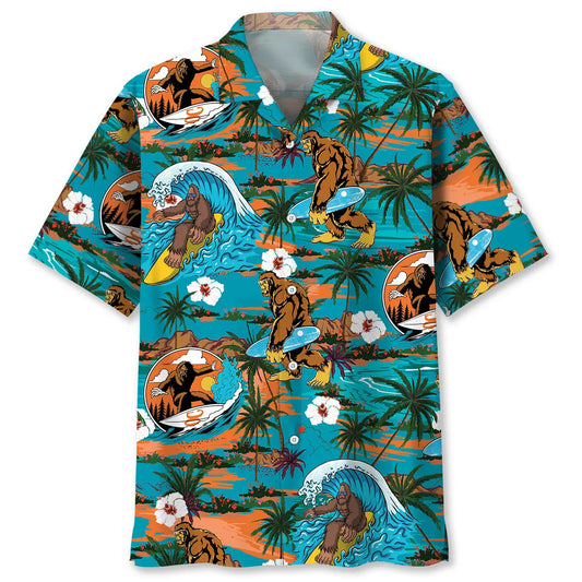 Bigfoot Surfing Hawaiian Shirt For Coastal Travel, Casual Events, And Comfortable Summer Wear