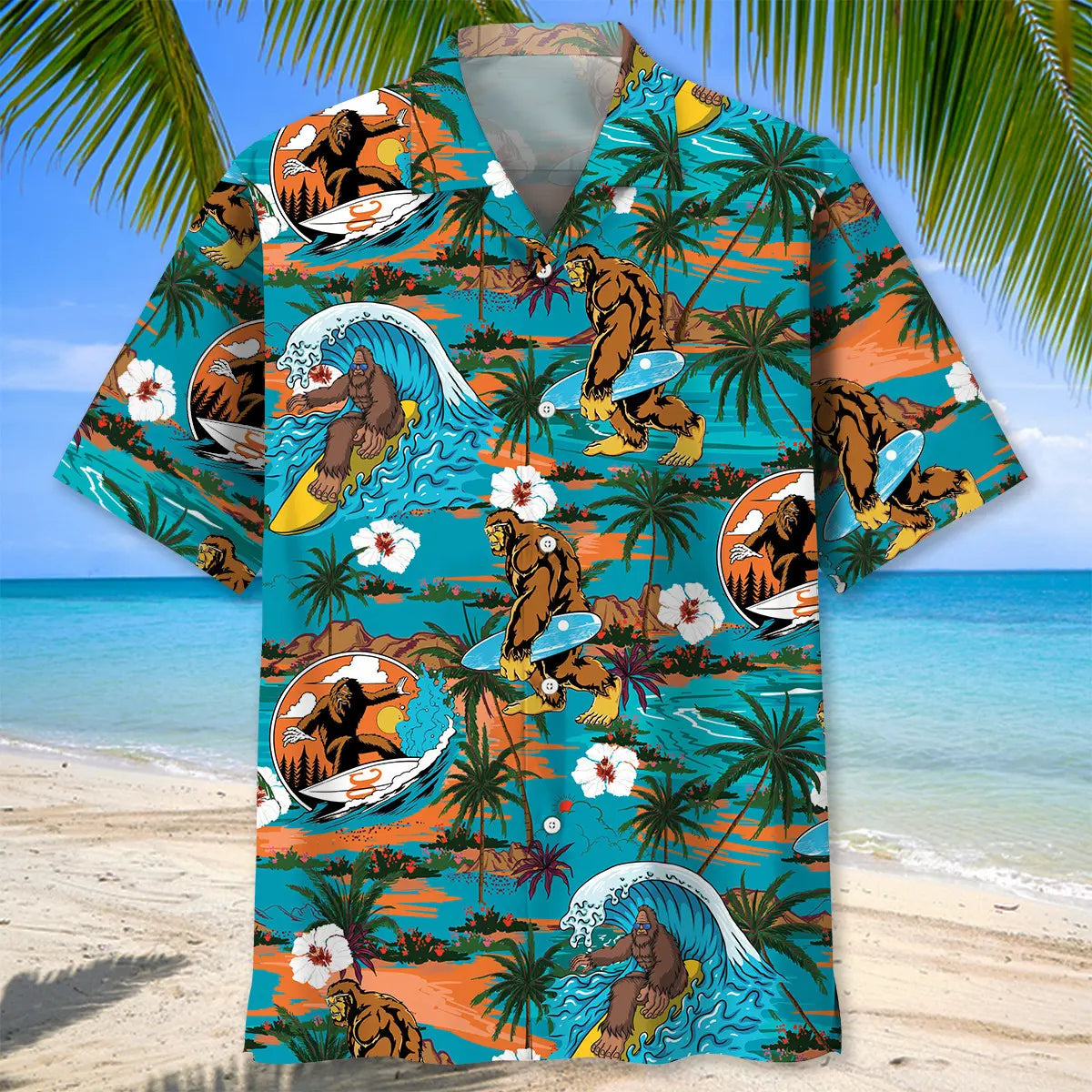 Bigfoot Surfing Hawaiian Shirt For Coastal Travel, Casual Events, And Comfortable Summer Wear