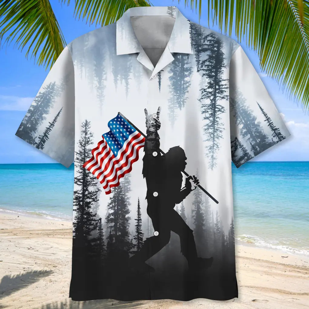 American Bigfoot Flag Hawaiian Shirt For Heritage Inspired Events, Beach Travel, And Thoughtful Gifting