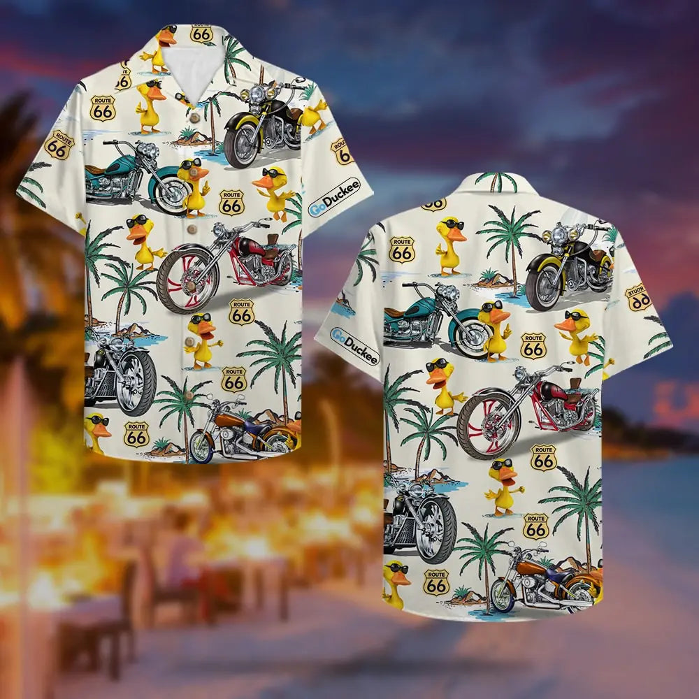 Classic Island Summer Biker Duck Aloha Motorcycles Hawaiian Shirt For Summer Vacation, Beach Travel, And Casual Wear