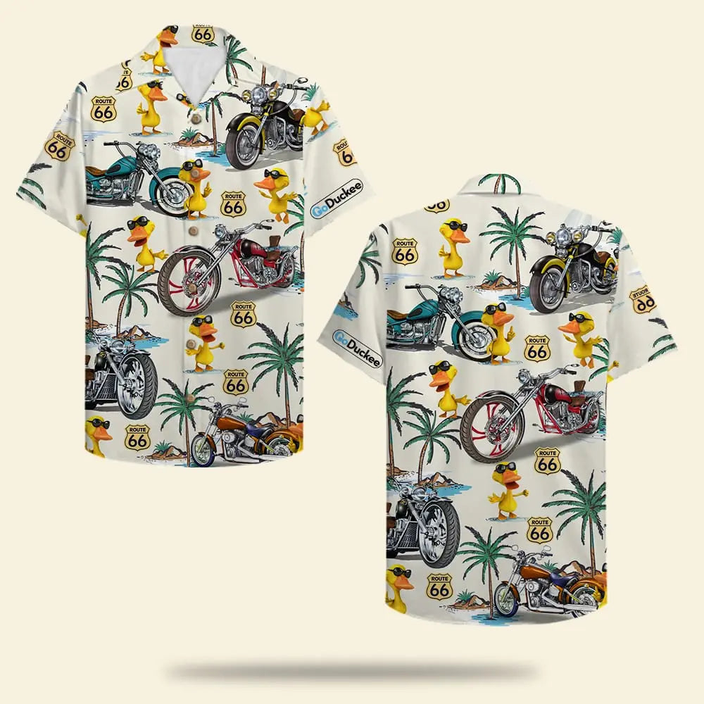Classic Island Summer Biker Duck Aloha Motorcycles Hawaiian Shirt For Summer Vacation, Beach Travel, And Casual Wear