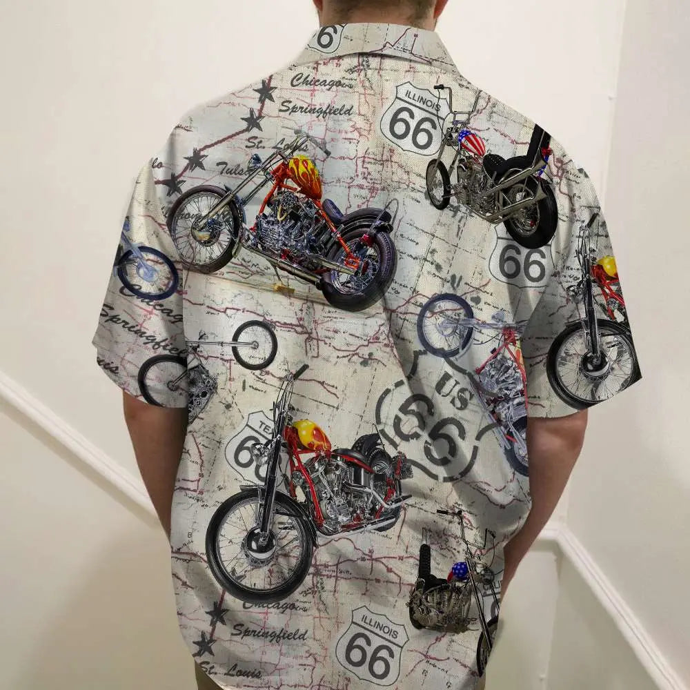 Vintage Island Summer Biker Aloha Motorcycle Route Hawaiian Shirt For Summer Vacation, Beach Travel, And Casual Wear