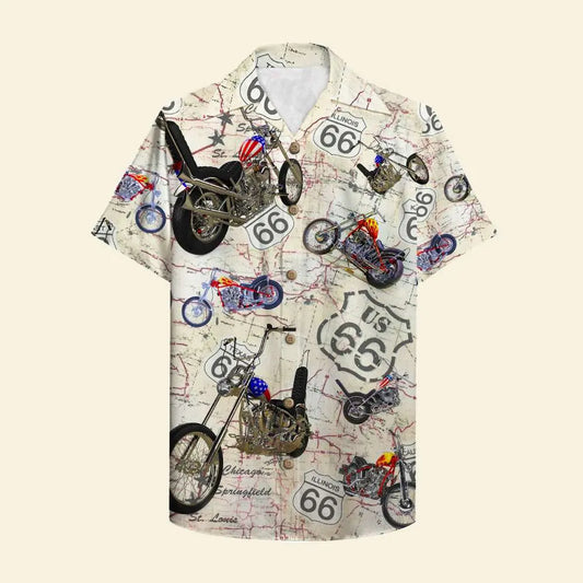 Vintage Island Summer Biker Aloha Motorcycle Route Hawaiian Shirt For Summer Vacation, Beach Travel, And Casual Wear
