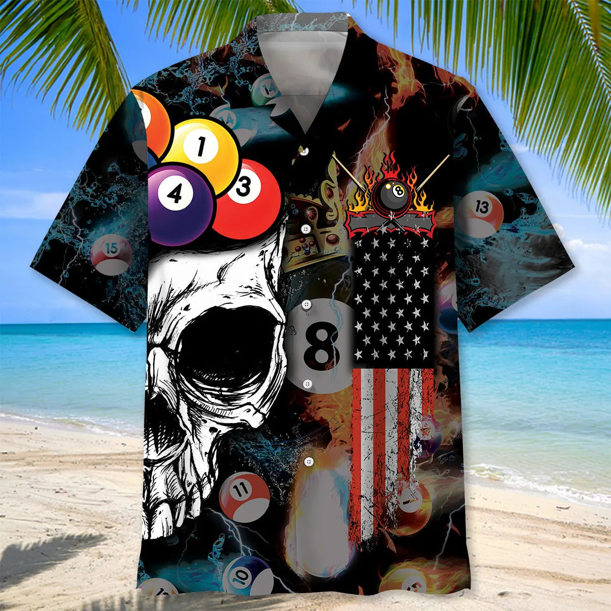 Billiard Skull Hawaiian Shirt For Summer Vacation, Beach Travel, And Casual Wear