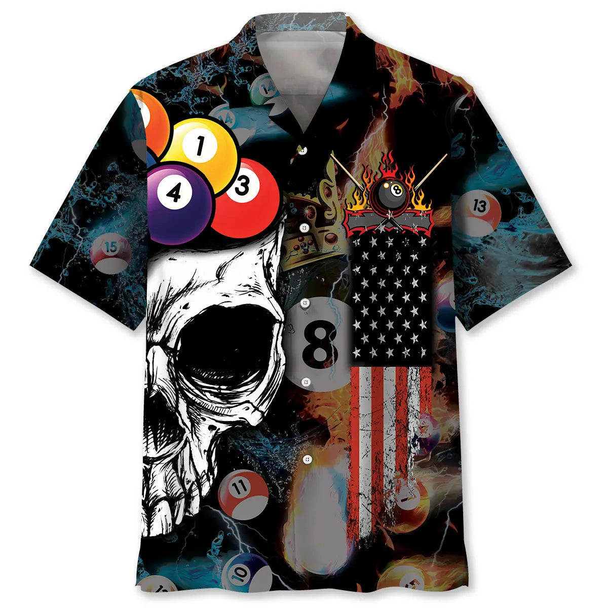 Billiard Skull Hawaiian Shirt For Summer Vacation, Beach Travel, And Casual Wear