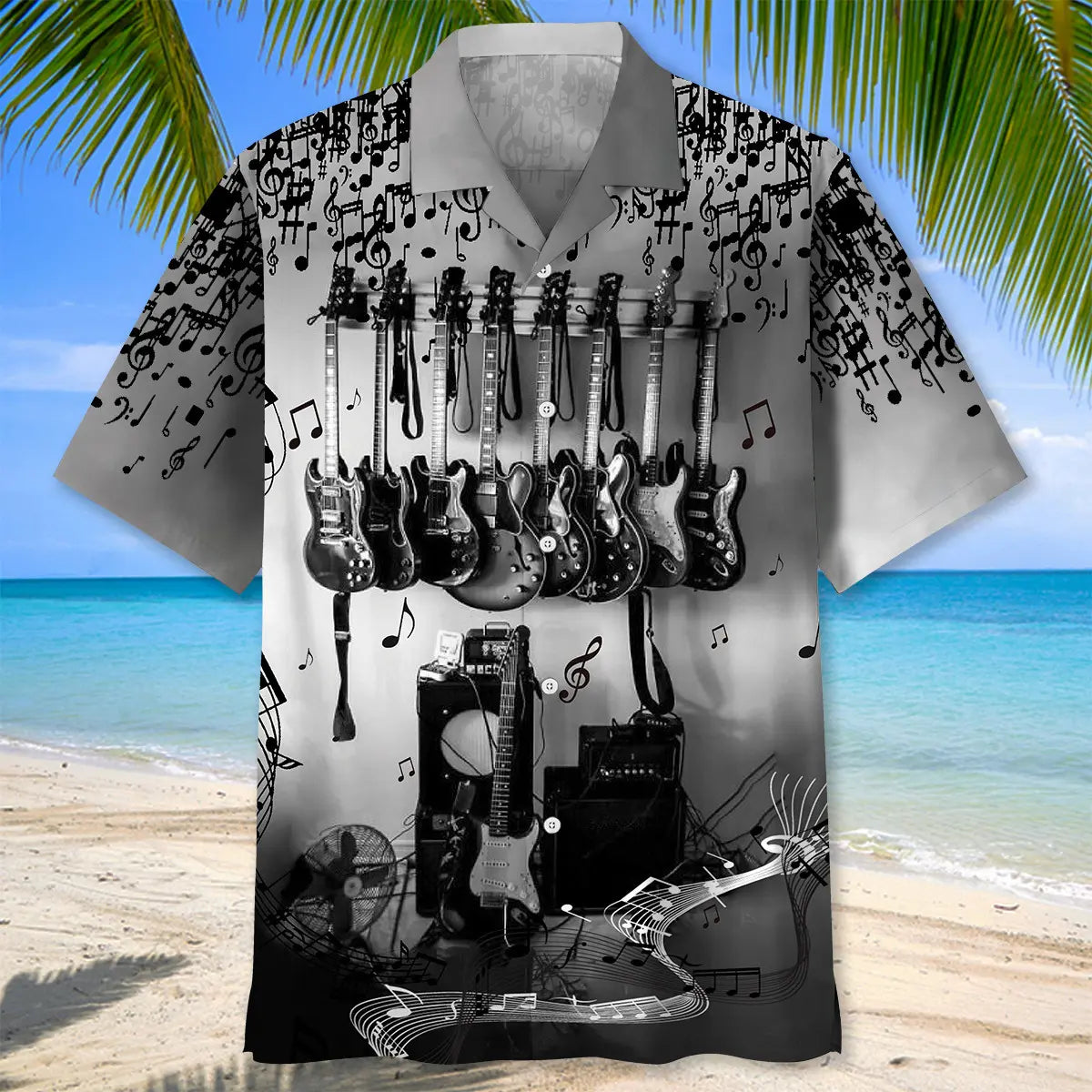 Black White Guitarist Hawaiian Shirt For Beach Days, Summer Outings, And Thoughtful Gift Giving