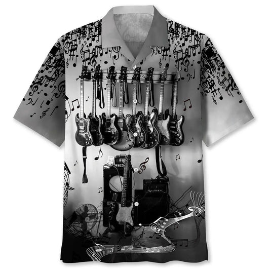Black White Guitarist Hawaiian Shirt For Beach Days, Summer Outings, And Thoughtful Gift Giving
